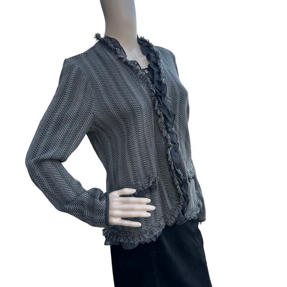 Dana Buchman Women Knitted Brown Herringbone Ruffled Fringed Cardigan Sweater M - Picture 2 of 8